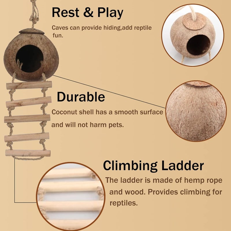 RUNANIA Crested Gecko Tank Accessories, Reptile Vines and Plants Coco Hut Coconut Shell with Ladder Hideout Cave Habitat Decor for Climbing Lizard Leopard Gecko Tortoise Amphibians Hermit Crab - Image 2